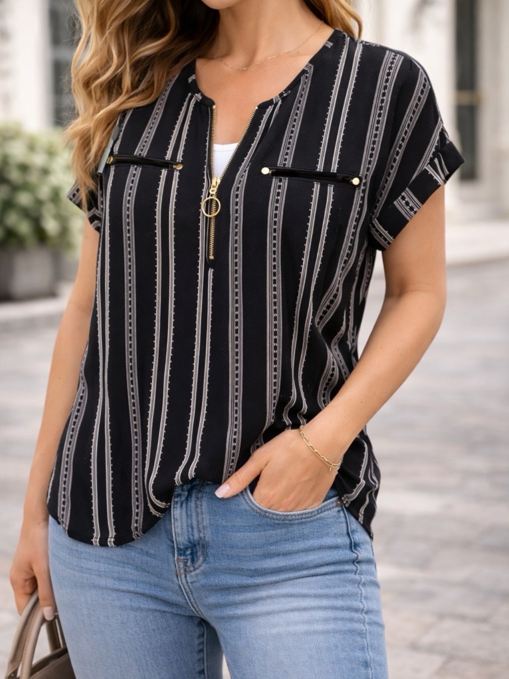 Black Stripe Zip-Front Women's Top